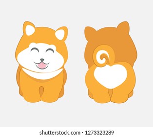 Cute front and back puppy vector illustration. Shiba inu japanese dog breed. T-shirt funny design.