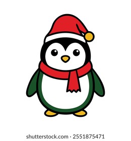 Un lindo Frosty el pingüino con un sombrero de Santa Claus y bufanda sobre fondo blanco