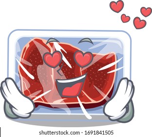 Cute frozen beef cartoon character has a falling in love face