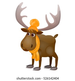 Cute Frozen Cartoon Moose In Knitted Scarf And Hat Isolated On A White Background. Vector Illustration.
