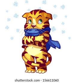 Cute frozen cat in blue scarf. Vector illustration on a white background