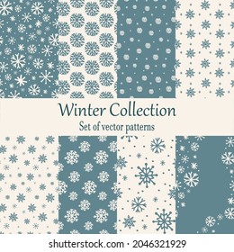 Cute frozen seamless pattern set. Hand drawn snowflakes background. Snowfall backdrop. Christmas and winter decorative pattern for scrapbooking, fabric, wrapping paper or cards.  Vector illustration.