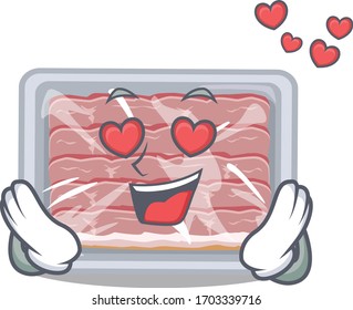 Cute frozen smoked bacon cartoon character has a falling in love face