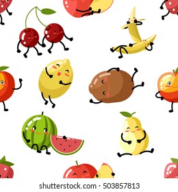 Cute fruit apple cherry watermelon kiwi strawberry lemon peach pear banana healthy food cartoon children characters flat design icons seamless pattern background vector illustration