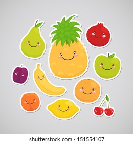 Cute fruit: apple, pear, lemon, orange, plum, cherry, pineapple, peach, banana, pomegranate
