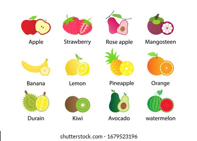 Cute fruit (apple ,strawberry ,rose apple ,mangosteen ,banana ,lemon ,pineapple ,orange ,durian ,kiwi ,avocado and watermelon) flat icon collection set isolated on white background.Healthy food.