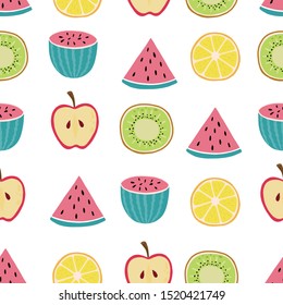 Cute fruit background with lemon, kiwi, watermelon, apple.Vector illustration seamless pattern for background, wallpaper, frabic