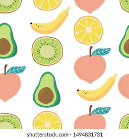 Cute fruit background with lemon,kiwi,peach,banana,avocado.Vector illustration seamless pattern for background,wallpaper,frabic