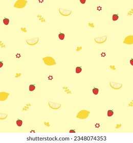 Cute fruit background, wallpaper, backdrop, ad template, banner, social media post, gift wrap, packaging, fabric print with strawberry, lemon and flowers. Yellow background colour. Floral summer print