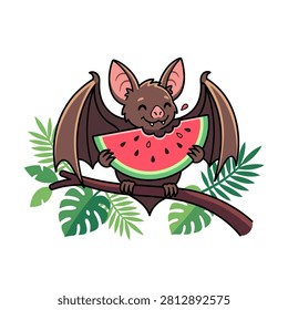 A cute fruit bat character eating a slice of fresh red watermelon.