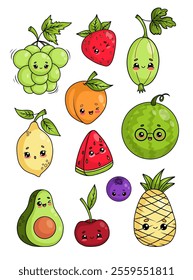 Cute fruit and berries cartoon kawaii characters. Tropical pineapple, Lemon, avocado, cherry, apricot, strawberry, grapes, watermelon, gooseberries and blueberries. Isolated Vector drawing