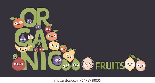 Nette Obst und Beeren Figuren Banner für Bauernmarkt. Vektorillustration mit Copyspace. Ökologische Landwirtschaft Produktion Messe Einladung, Karte, Hintergrund