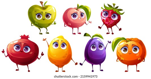 Cute fruit and berries characters smile. Comic funny strawberry, apple, plum, orange, peach, pomegranate and lemon. Vector cartoon set of happy healthy food emoji isolated on white background