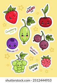 Adesivos de frutas e bagas bonitos. Engraçado desenho animado kawaii personagens e slogans legais. Morango vermelho, groselha, cereja, mirtilo, cacho de uvas e framboesa. Ilustrações de desenho de vetor isoladas.