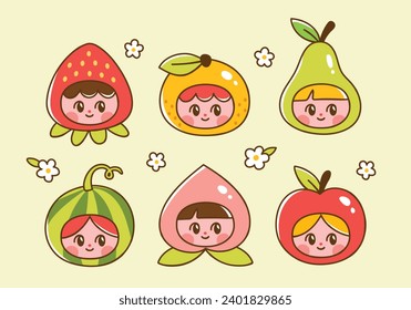 Cute fruit and berry characters. Vector illustration of girls wearing costumes of strawberry, apple, orange, pear, peach, watermelon. Fruit mascots in adorable trendy style.