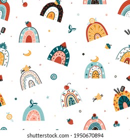 Cute Fruit and Berry Rainbow. Seamless Vector Pattern for Kids with Cartoon Colorful Sweet Rainbows. Perfect Childish Background for Birthday Party, Baby Fashion