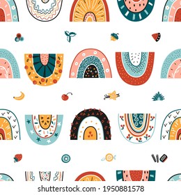 Fruta y arcoiris de Berry. Patrón de vectores sin foco para niños con arcos dulces de dibujos animados. Fondo Infantil Perfecto para la fiesta de cumpleaños, Baby Fashion.