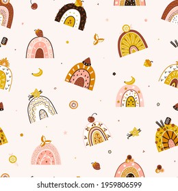 Cute Fruit and Berry Rainbow Seamless Pattern for Kids. Cartoon Colorful Sweet Rainbows. Perfect Childish Background for Birthday Party, Baby Fashion. Vector illustration