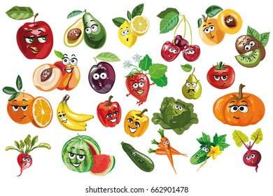 Cute fruit, berry, vegetables characters collection , set elements isolated on white background