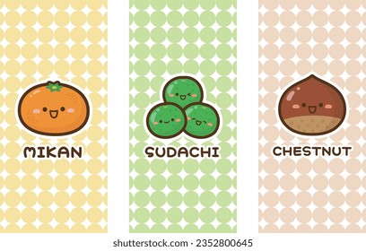 Ilustración vectorial de la tarjeta de fruta. Cute kawaii mikan, sudachi, castañas.