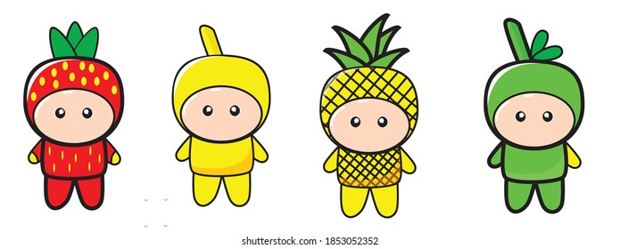 Cute fruit cartoon character isolated on white background; vector illustration. Pineapple; strawberry; manga; apple cute face icon collection; emoticons. The happy smile of a cute fruit mascot that is