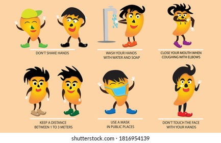 personaje de dibujos animados de frutas lindas. Una caricatura de frutos de mango para ilustrar la prevención del virus de la corona o covid-19.