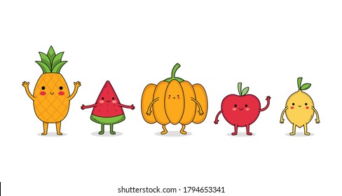 Caricatura de fruta dulce juego 1 piña, sandía, calabaza, manzana y limón