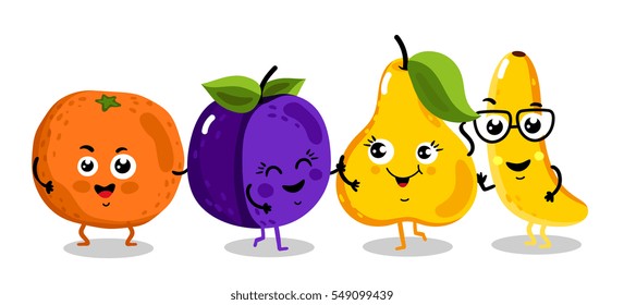 Cute fruit cartoon characters isolated on white background vector illustration. Funny orange, plum, pear, banana emoticon face icon collection. Happy smile cartoon face food emoji, comical fruit set.