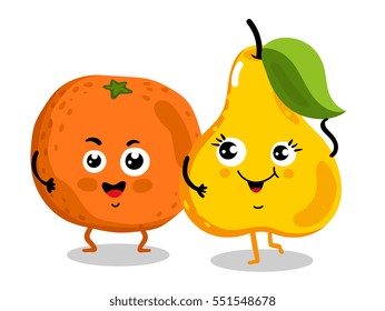 Cute fruit cartoon characters isolated on white background vector illustration. Funny orange and pear emoticon face icon collection. Happy smile cartoon face food emoji, comical fruit mascot set.