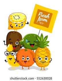 Cute fruit cartoon characters isolated on white background vector illustration. Funny pineapple, orange, lemon, lime, banana, kiwi with banner. Happy smile emoticon face, comical fruit mascot group