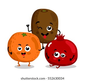 Cute fruit cartoon characters isolated on white background vector illustration. Funny orange, kiwi, pomegranate emoticon face icon collection. Happy smile positive and friendly comical fruit mascot