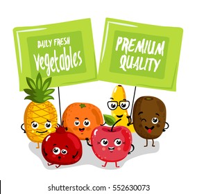 Cute fruit cartoon characters isolated on white background vector illustration. Funny pineapple, orange, cherry, pomegranate, banana, kiwi with banner. Happy smile emoticon face, comical fruit mascot