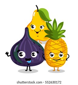 Cute fruit cartoon characters isolated on white background vector illustration. Funny pineapple, pear, figs emoticon face icon collection. Happy smile cartoon face food emoji, comical fruit mascot set