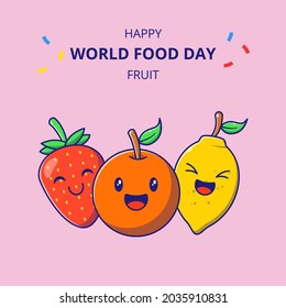 Cute Fruit Cartoon Characters World Food Day. Set of Strawberry, Orange, and Lemon Mascot Collections.