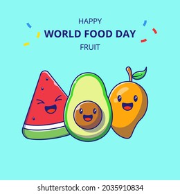 Cute Fruit Cartoon Characters World Food Day. Set of Watermelon, Avocado, and Mango Mascot Flat Cartoon Illustration.