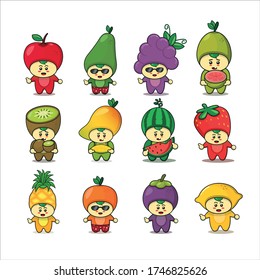 Cute Fruit Character Design. Cartoon illustration design (apple, water melon, grape, guava, kiwi, mango, avocado, strawberry, pineapple, orange, mangosteen, lemon) 