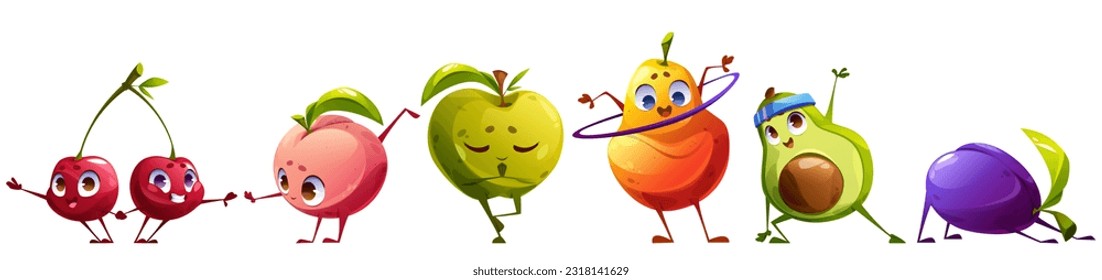 Cute fruit character exercise vector illustration. Funny food healthy yoga workout icon set. Zen apple, pilates plum, stretch cherry and avocado pear with hula hoop isolated comic pose fitness clipart