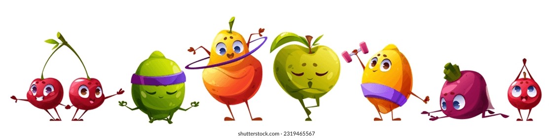 Cute fruit character exercise vector illustration. Funny food healthy yoga workout icon set. Strong lemon, zen lime, pilates berry and stretch beet isolated comic pose nutrition fitness clipart.