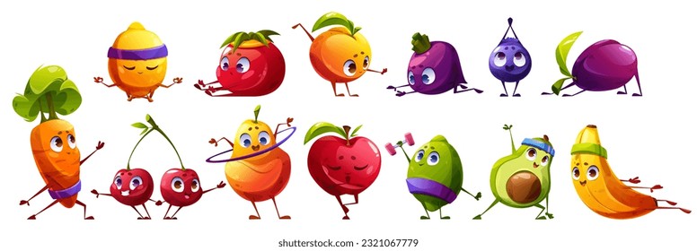 Cute fruit character exercise vector illustration. Funny food healthy yoga workout icon set. Strong lime, zen lemon, pilates berry and stretch beet isolated comic pose nutrition fitness clipart.