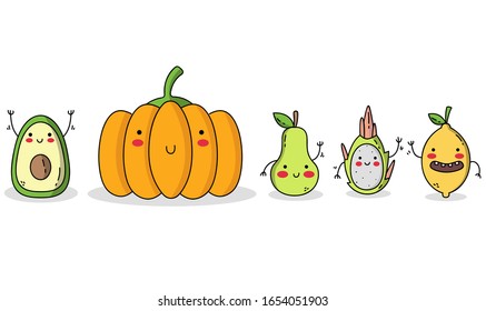 Cute Fruit Character Set 2: Avocado, Pumpkin, Pear, Dragon Fruit and Lemon