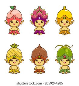 cute fruit character set, cartoon mascot with plant costume. vegetables illustration. suitable for education, entertainment, games, culture. peach, dragon fruit, lemon, pineapple, salak fruit, coconut