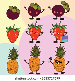Cute Fruit Character Set – Mangosteen, Strawberry, Pineapple