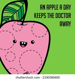 Cute Obstfigur, Vektor "Ein Apfel am Tag hält den Arzt weg". gesunde Essensgrafik für Poster und Postkarten.
