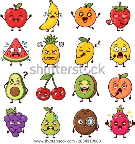Cute fruit characters expression icons vector set, featuring apple, banana, orange, strawberry, watermelon, pineapple, mango, lemon, avocado, cherry, kiwi, peach, grape, pear, coconut, and dragon fruit flat design isolated on white background.