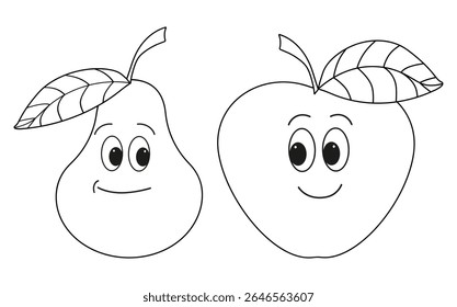 Cute fruit characters. Friendly company of pear with smiling apple. Black and white. Vector illustration for coloring book, worksheet, print.