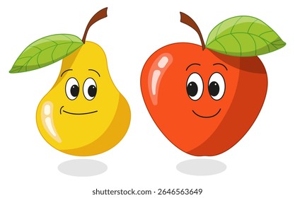 Cute fruit characters. Friendly company of yellow pear with red smiling apple on white background.  Vector illustration for children's entertainment, book, print.