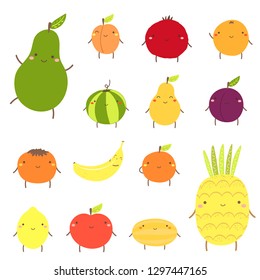 Cute fruit characters including avocado, apricot, garnet, watermelon, pear, plum, banana, orange, pineapple, melon, apple, lemon, persimmon, peach. Kawaii fruit mascot icons in flat style for children