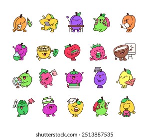 Cute fruit characters with school things. Cartoon kawaii student. Hand drawn style. Vector drawing. Collection of design elements.