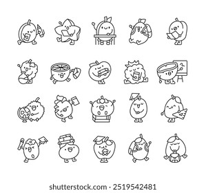 Cute fruit characters with school things. Coloring Page. Cartoon kawaii student. Hand drawn style.