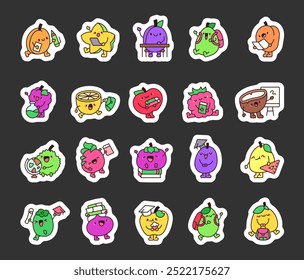 Cute fruit characters with school things. Sticker Bookmark. Cartoon kawaii student. Hand drawn style. Vector drawing. Collection of design elements.